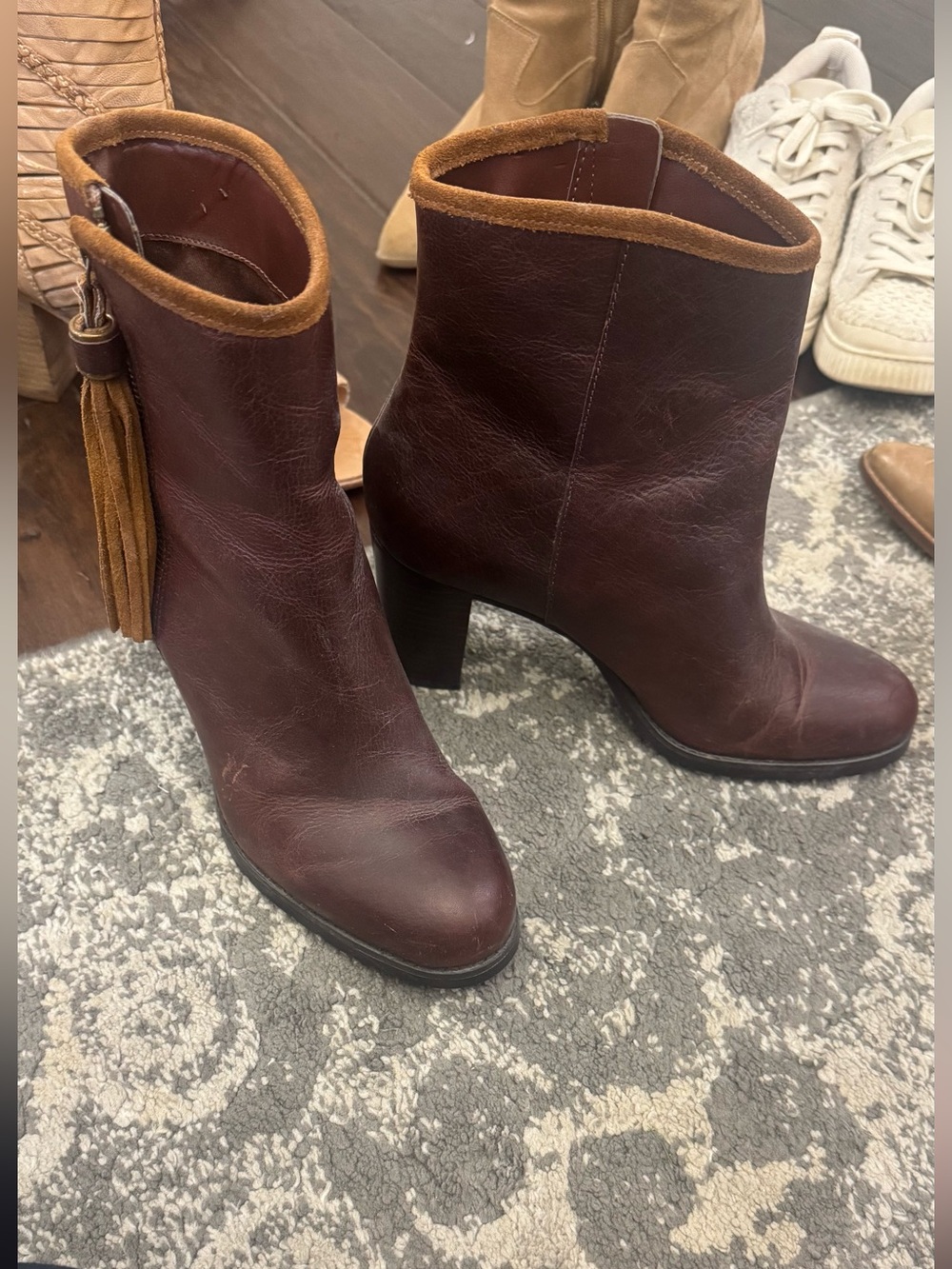 Ralph Lauren Burgundy Leather Ankle Boots with Tassel